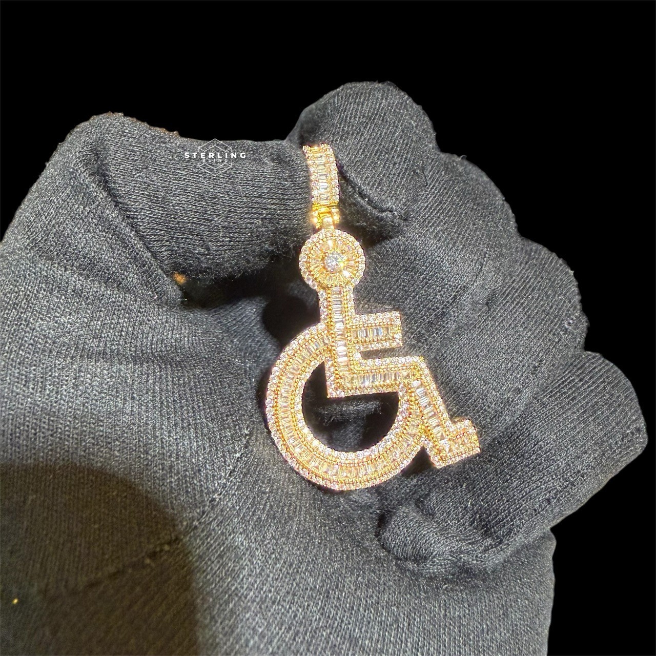 14k Gold Plated Iced Out Wheelchair Pendant Bling + AntiTarnish Rope Chain