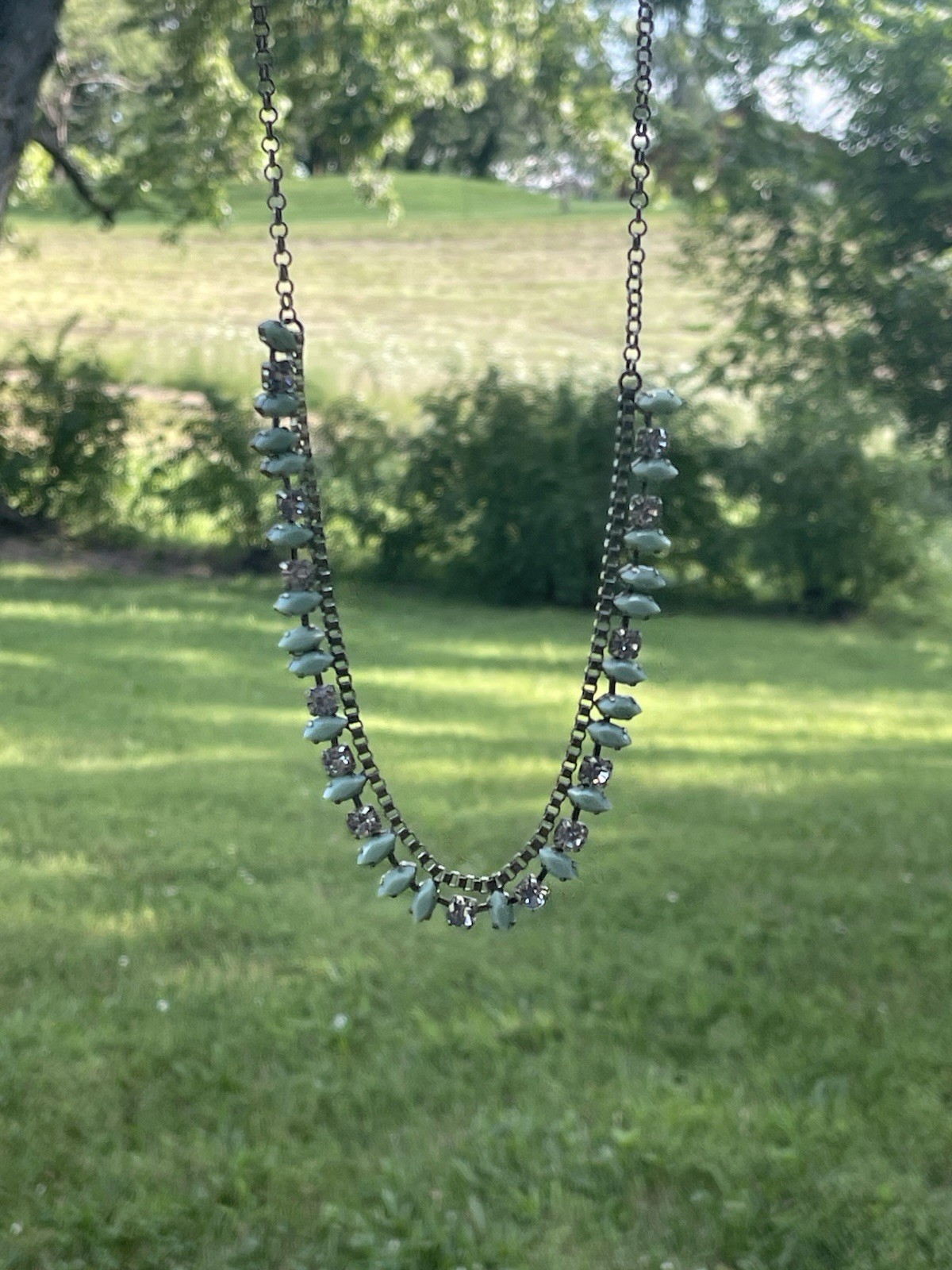 Crew Mint Green Marquise Statement Necklace Silver Tone Rhinestone Bib 22″