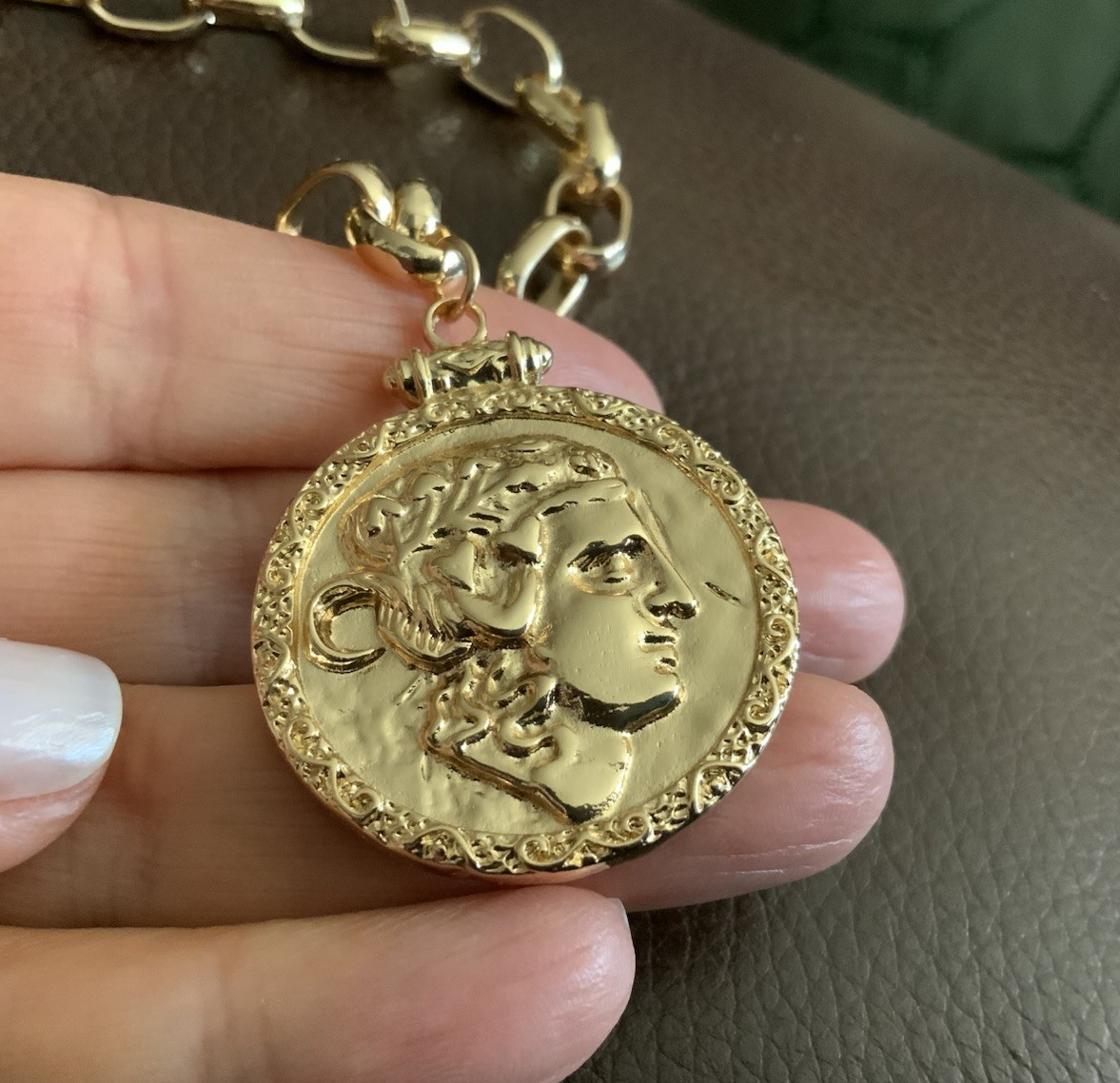 Chico’s Coin Gold Medallion Chain Necklace Greek Roman Statement Boho Portrait