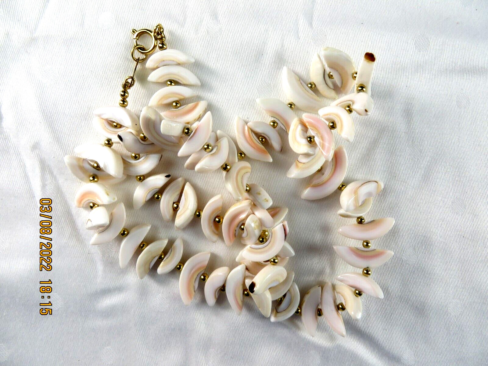 FREIRICH NWOT Natural Shell White 1/2 Moon-Crescent Gold Tone Balls 10″ Necklace