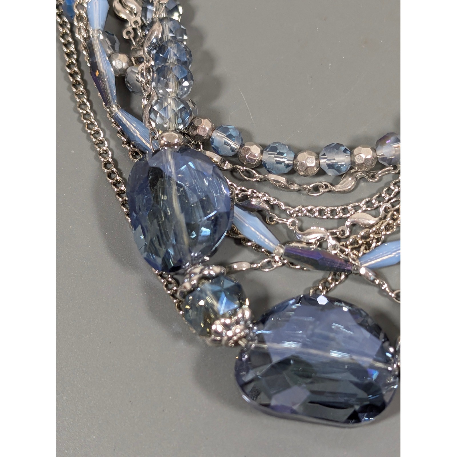 Blue Glass Bead Multi Chain Layered Statement Necklace Faux Leather 21″