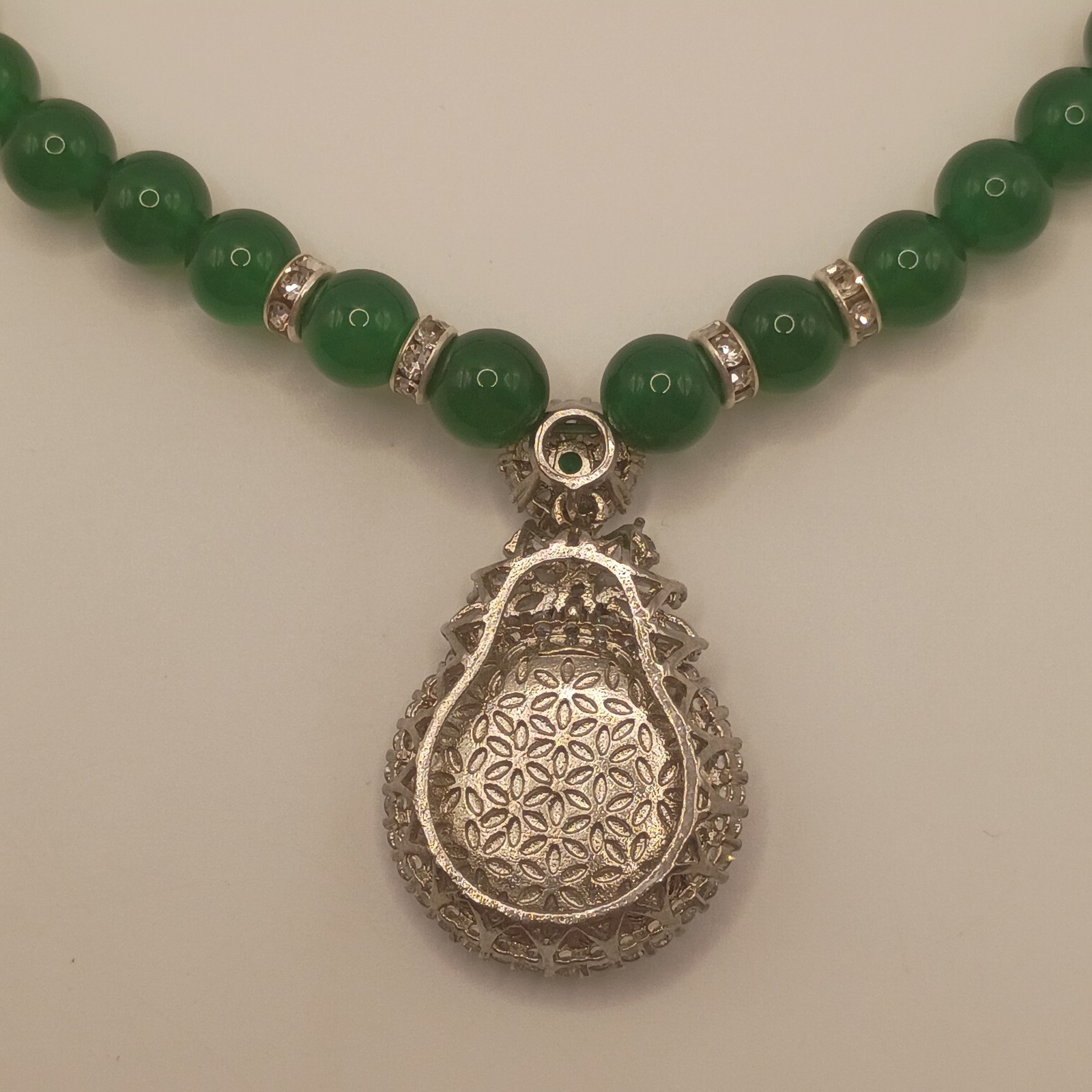 Green Agate Donut & Cubic Zirconia Halo Necklace Chinese Ping’an Kou 17″