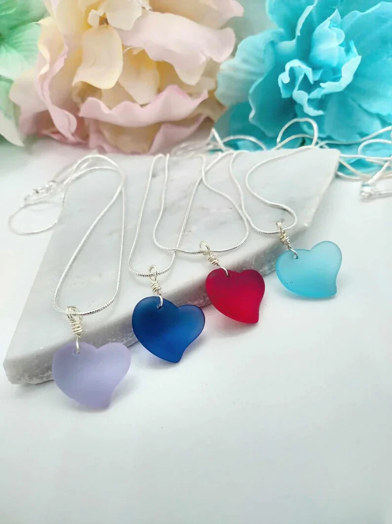 Valentines Gift Necklace Silver Sea Glass Heart Pendant Gold Snake Chain