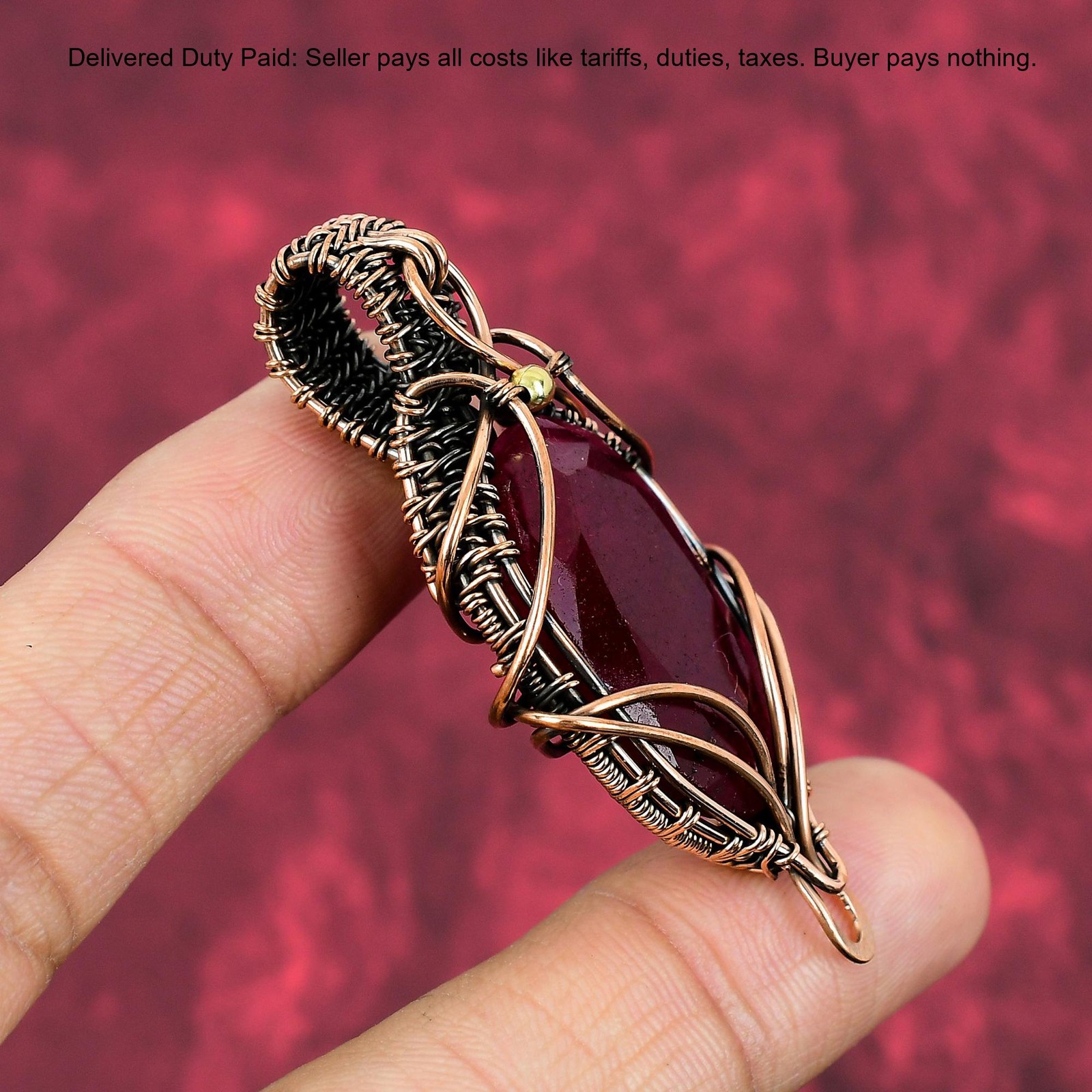 Copper Oval Kashmir Rubi Gemstone Birthday Wire Wrapped Artisan Pendant Jewelry