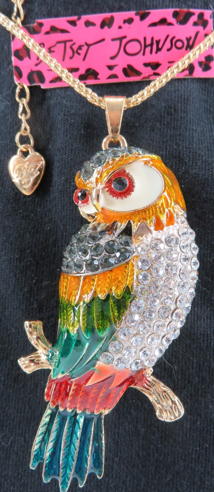 NWT- Betsey Johnson Multi-Color Enamel Perched Owl Pendant on Goldtone Necklace