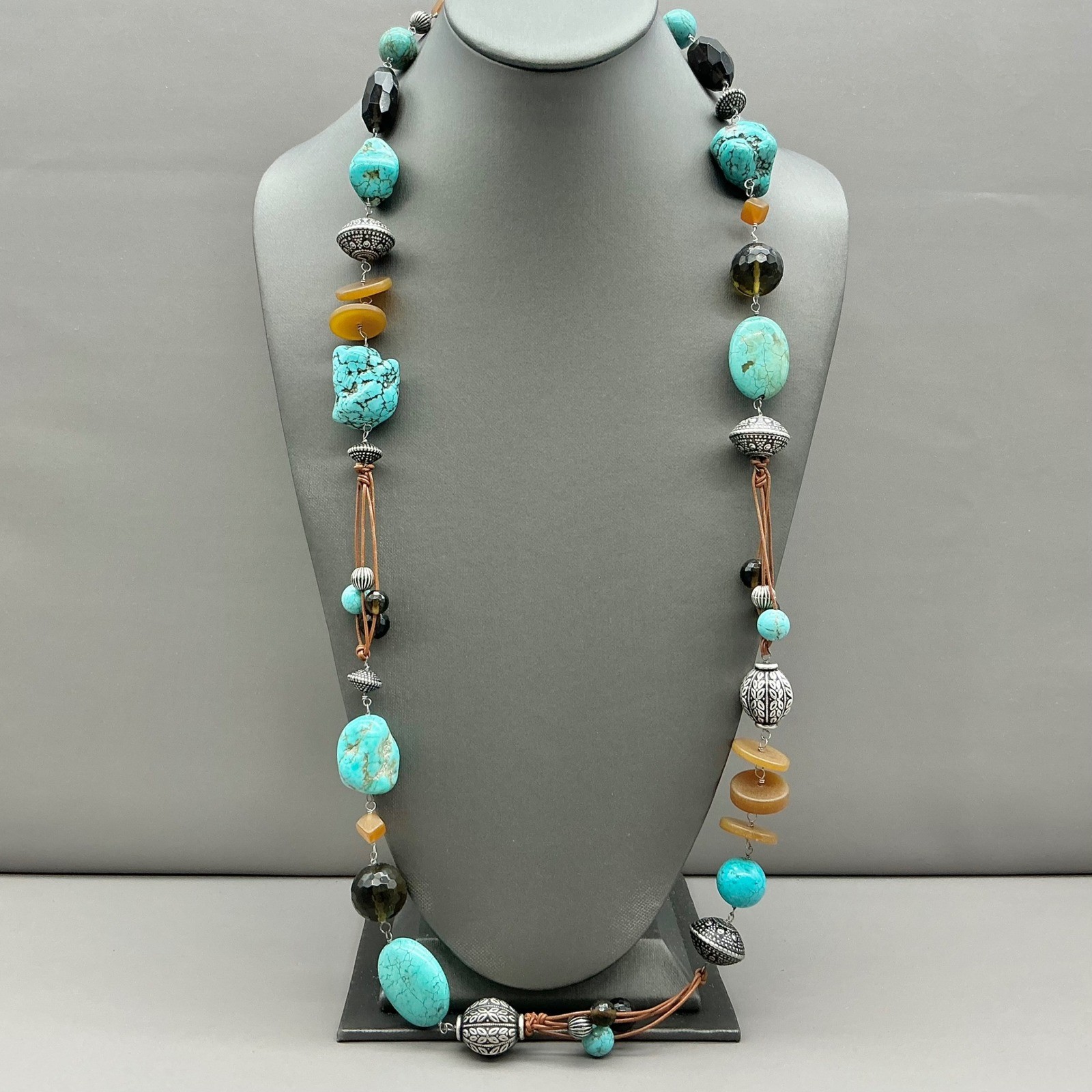 Chico’s Necklace Womens Turquoise Silver Tone Beaded Leather Boho Long 26 Inch