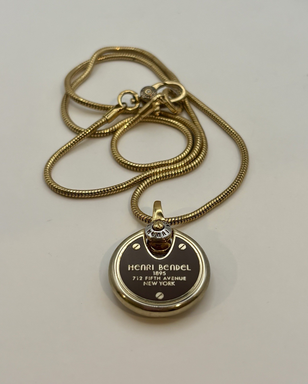 Henri Bendel Lock Pendant Necklace Brown White Stripe Gold Tone Snake Chain