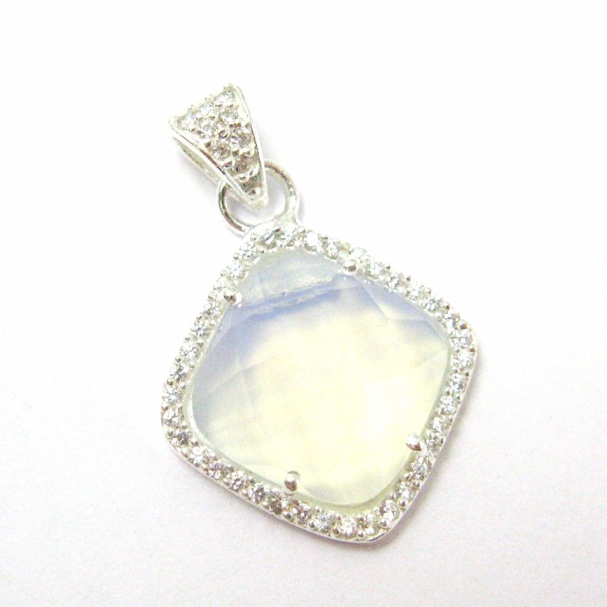 Sterling Silver Pave Opalite Bezel Gem Pendant,Cubic Zirconia Pave 17mm