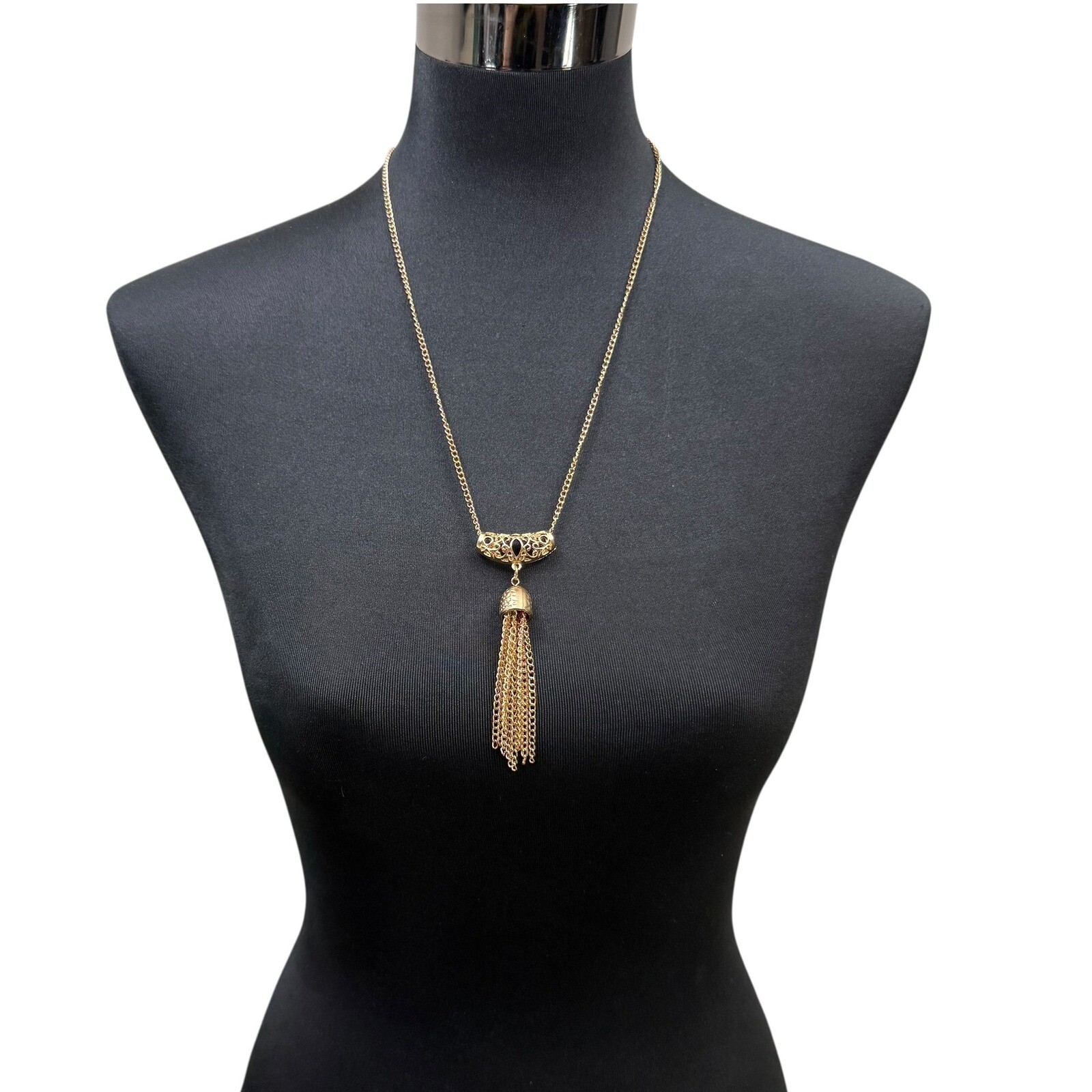 Gold Tone Fringe Tassel Pendant Necklace Chain Statement Fashion Jewelry 15 in L