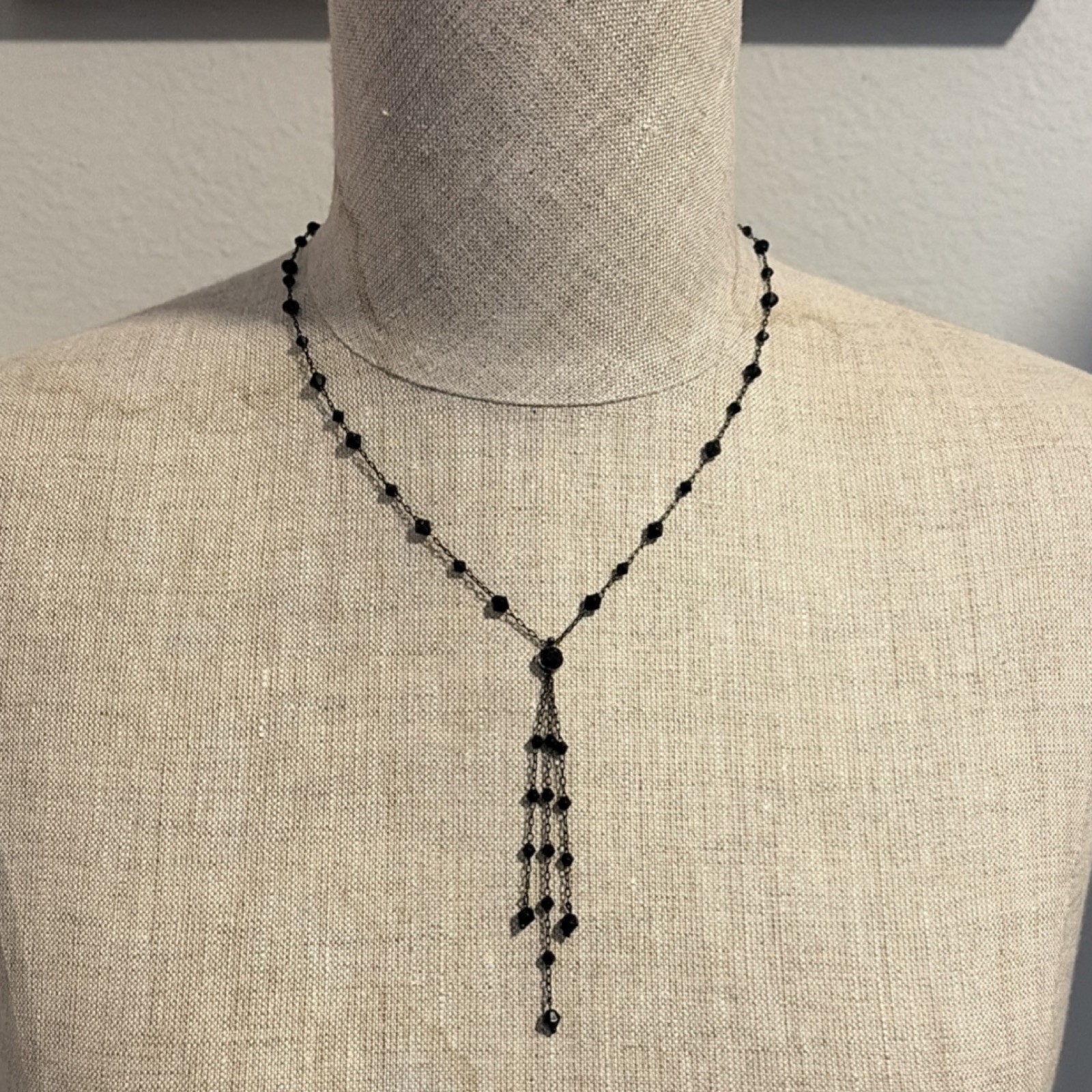 1928 Black Beaded Y-Drop Vintage Necklace Pendant 19in Signed Stone Undated Era