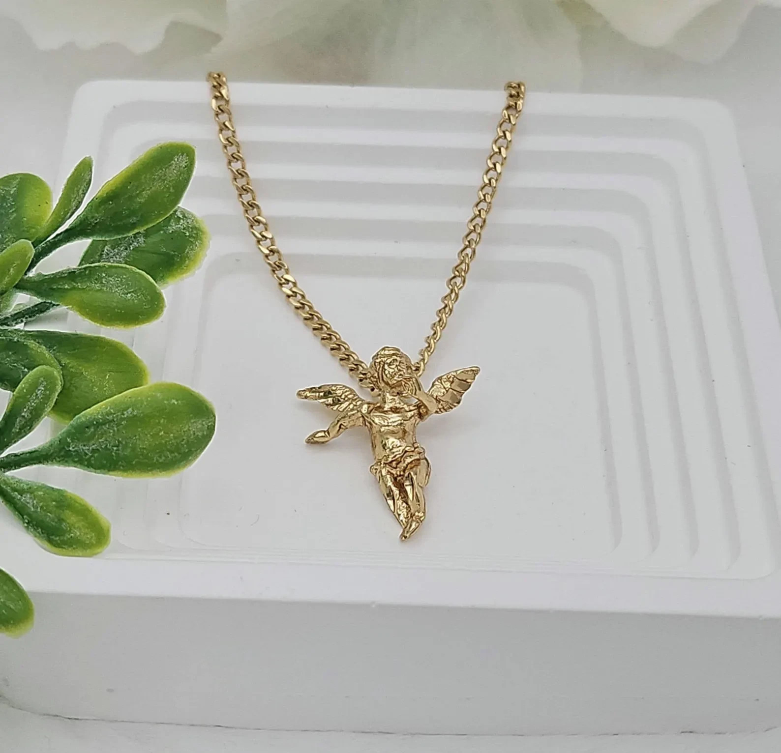 Gold Medium Sized Angel, 14K Heavy Plated Gold, 3mm Curb Chain, Unisex