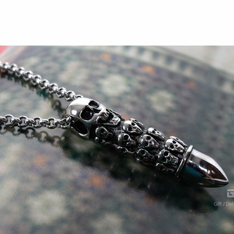 MENDEL Cool Mens Boys Stainless Steel Biker Punk Skull Bullet Pendant Necklace
