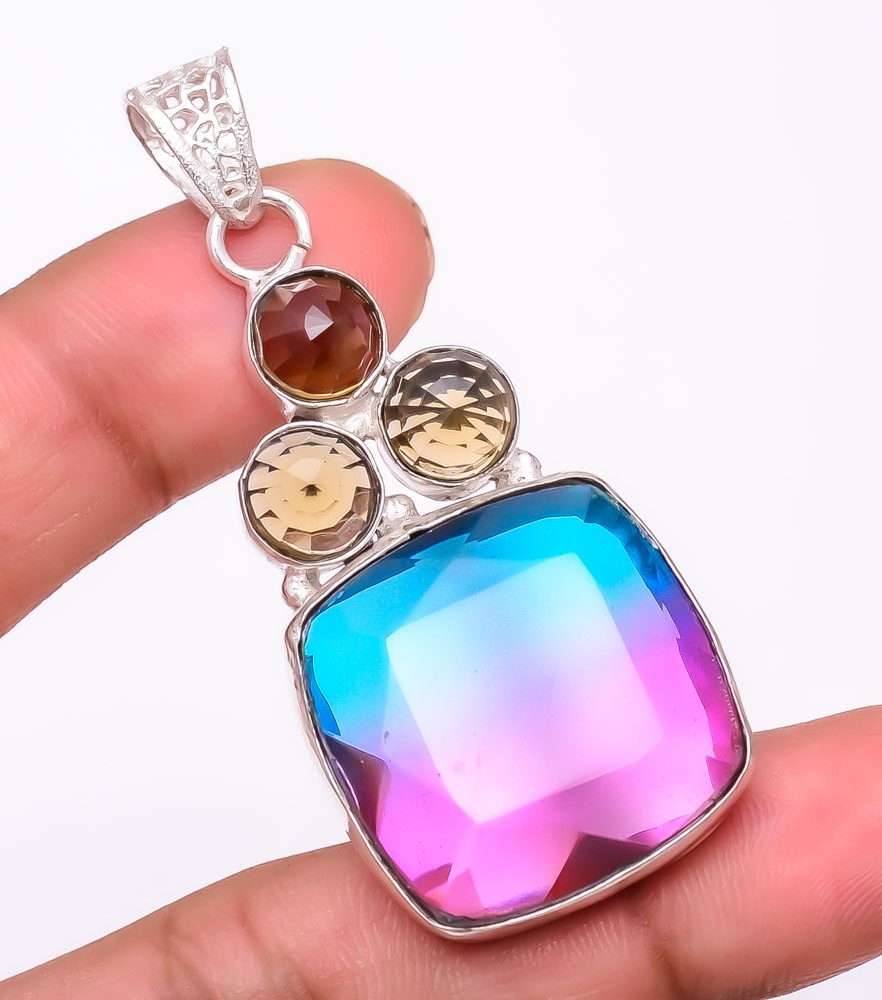 Bi-Color Tourmaline & Peridot Gemstone 925 Silver Plated Pendant 2.2″ F64