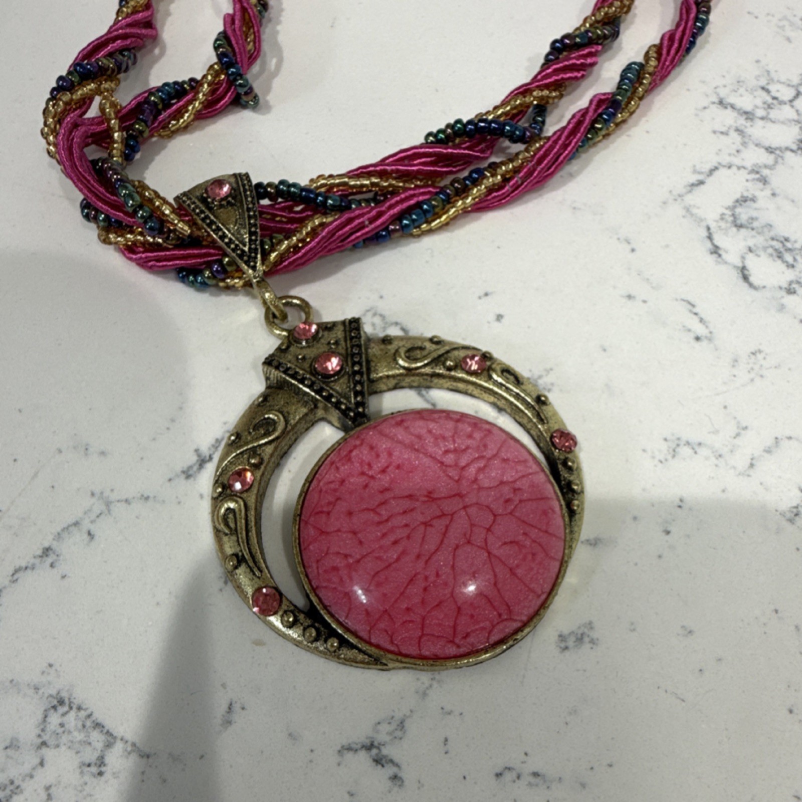 Multicolor Braided Necklace with Pink Round Pendant and Gold, 18 in