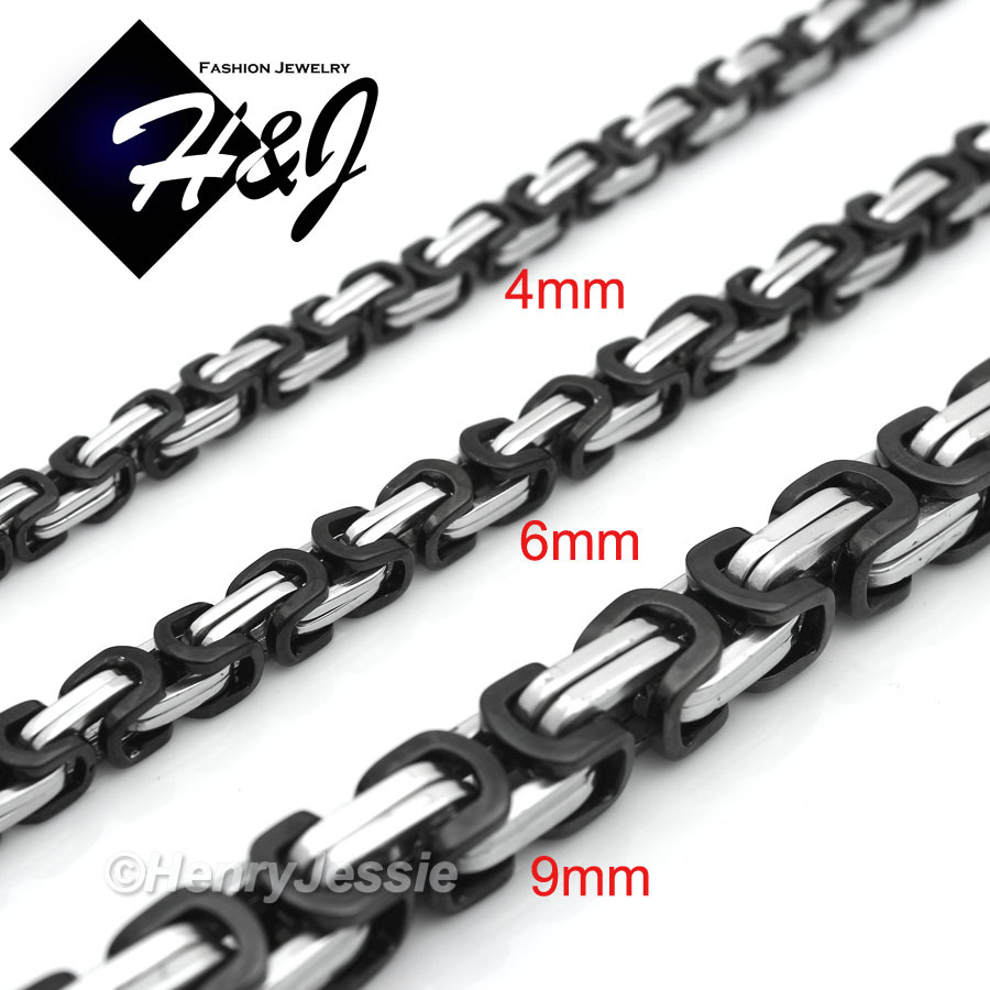 18-40″MEN Stainless Steel 6mm Silver/Black Plated Byzantine Box Chain Necklace