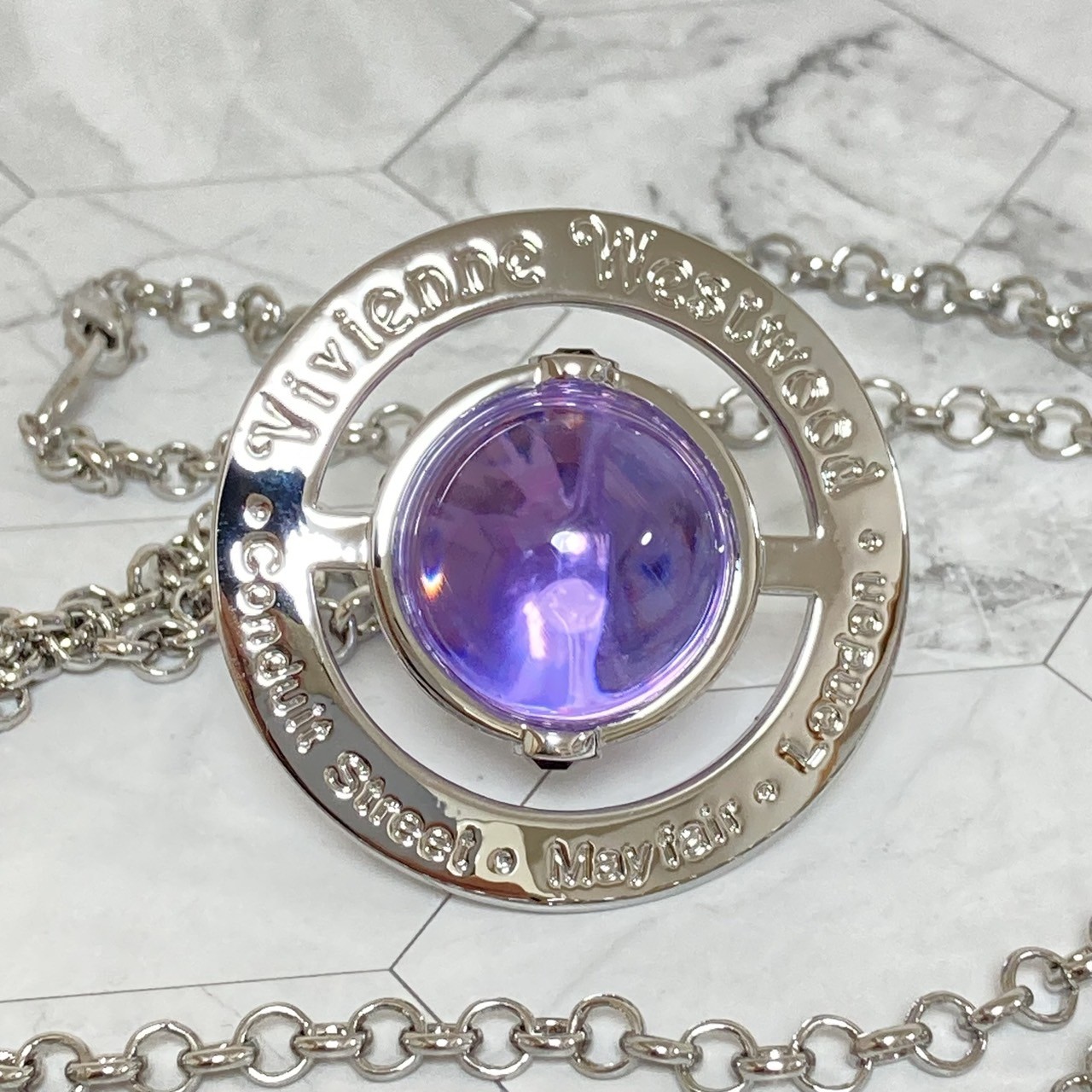 Vivienne Westwood Necklace Small Orb Silver Purple Chain 80cm Top 4.5cm NO BOX