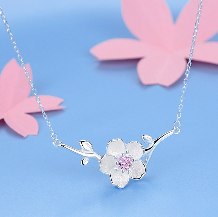 Silver sakura cherry flower Pink Crystal pendant necklace 18″ Chain gift box S5