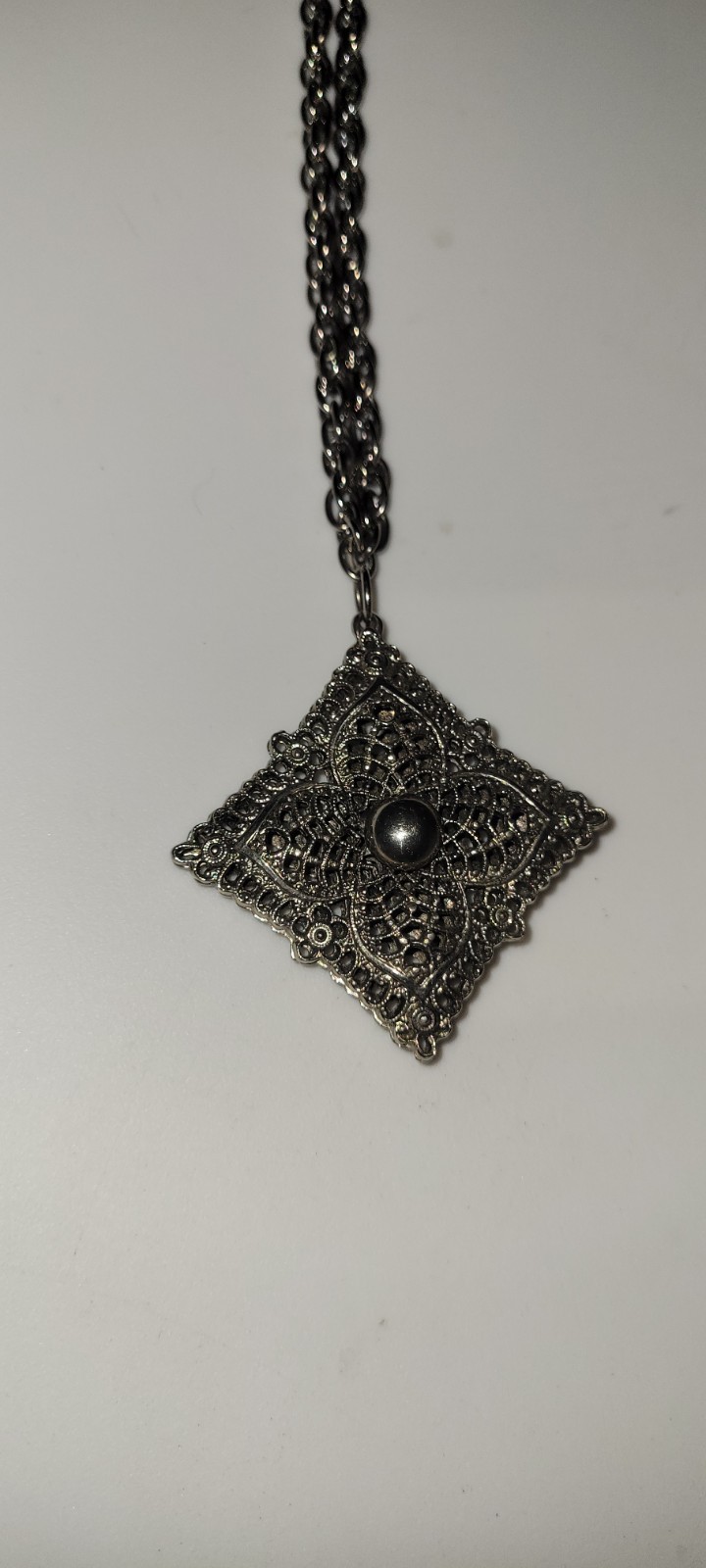 Silver Tone Rope Chain Necklace w/ Square Filigree Charm Pendant, No Stone