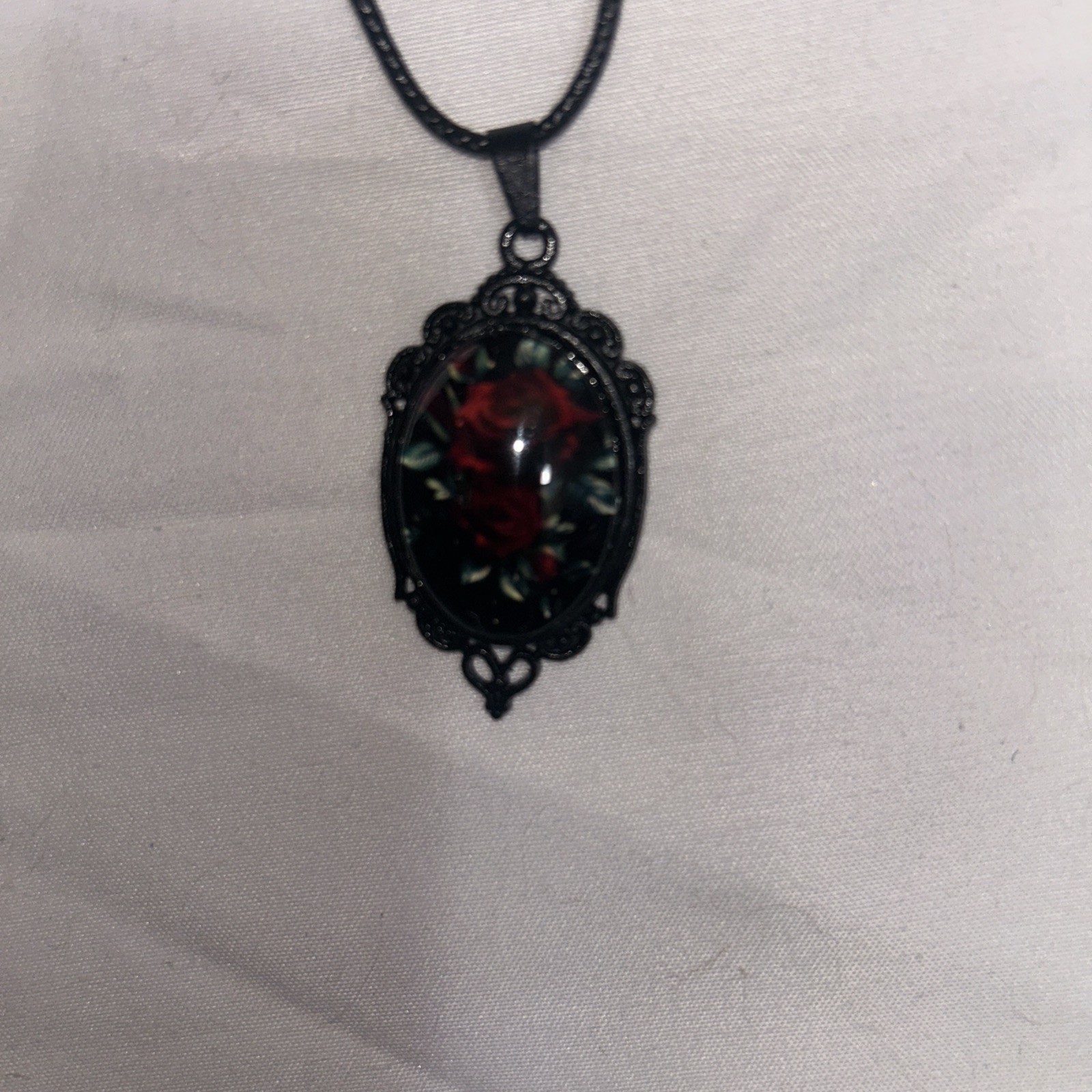 Black Chain Necklace with Burgundy Red Rose Cameo Pendant 20” Long W/extension