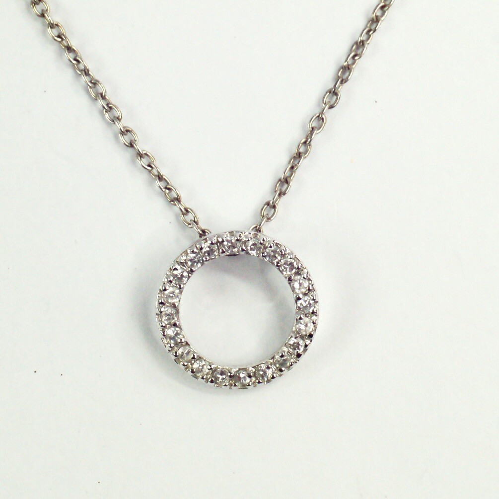 Sterling silver cable chain white/colorless CZ open circle pendant necklace 16”