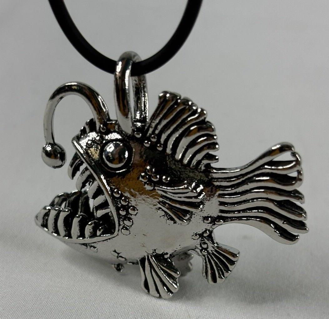 Angler Fish Tiki Necklace Silver Tone Metal Black Cord Surfer Beach Cute