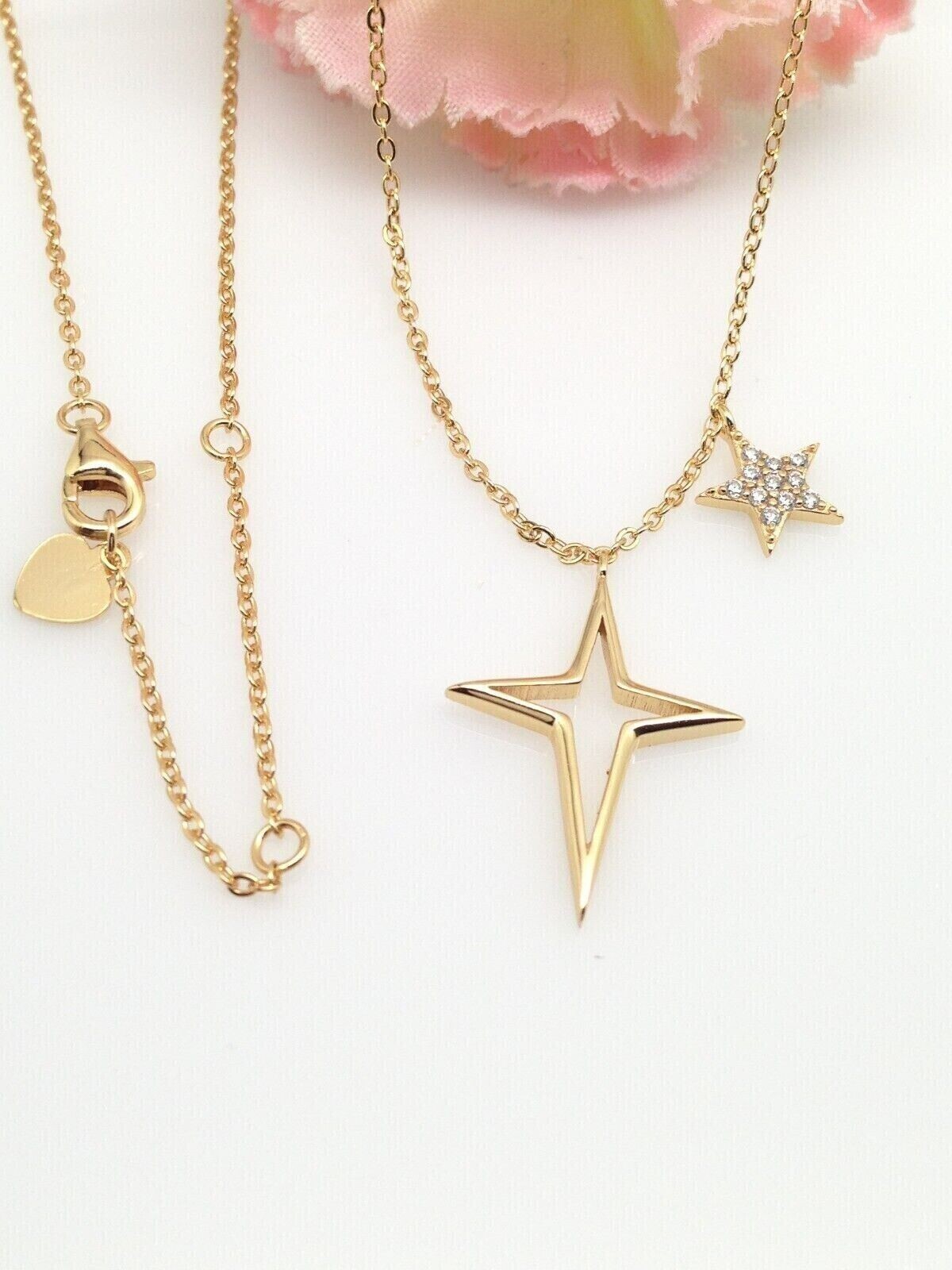 925 Sterling Silver Cz Star & North Star Pendant Charm Necklace Gold 7mm/19mm