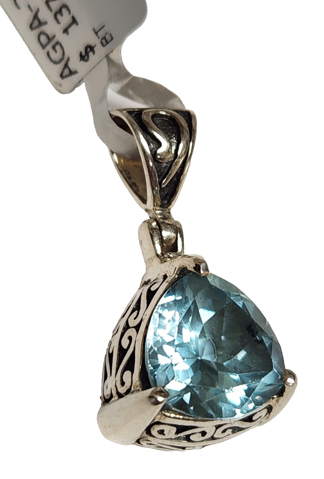 NWT SJ Sterling Silver Trillion Cut 17.42 tcw Blue Topaz Filigree Pendant 1″
