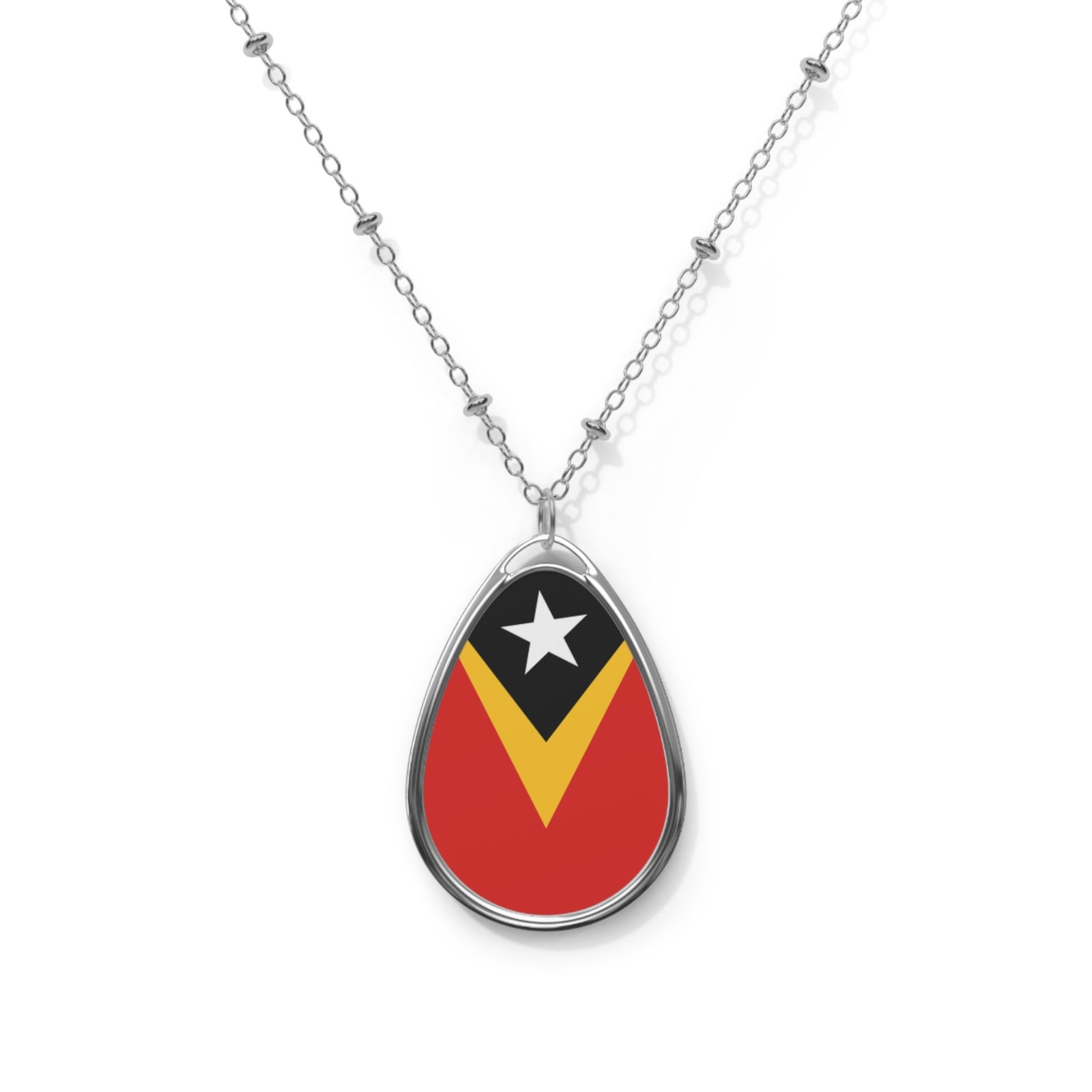 Timor-Leste Flag Oval Necklace – Heritage Pendant – One Size / Silver