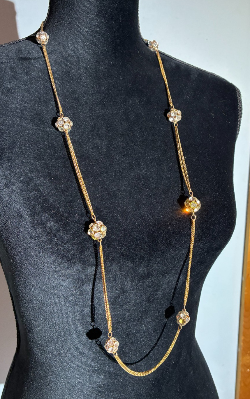 Long Gold Chain Necklace With Rhinestone Balls 36″ – 40″ Multi facet sparkle