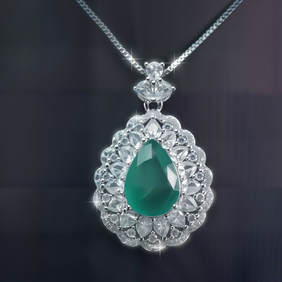 Pear Cut Simulated Emerald Double Halo Pendant Necklace For Women, Copper Plated