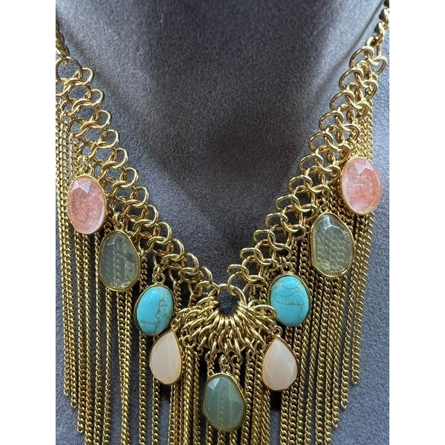 VTG CAROLEE Signed Chunky Gold Tone Chain Tassel Bib Southwestern Bohemian