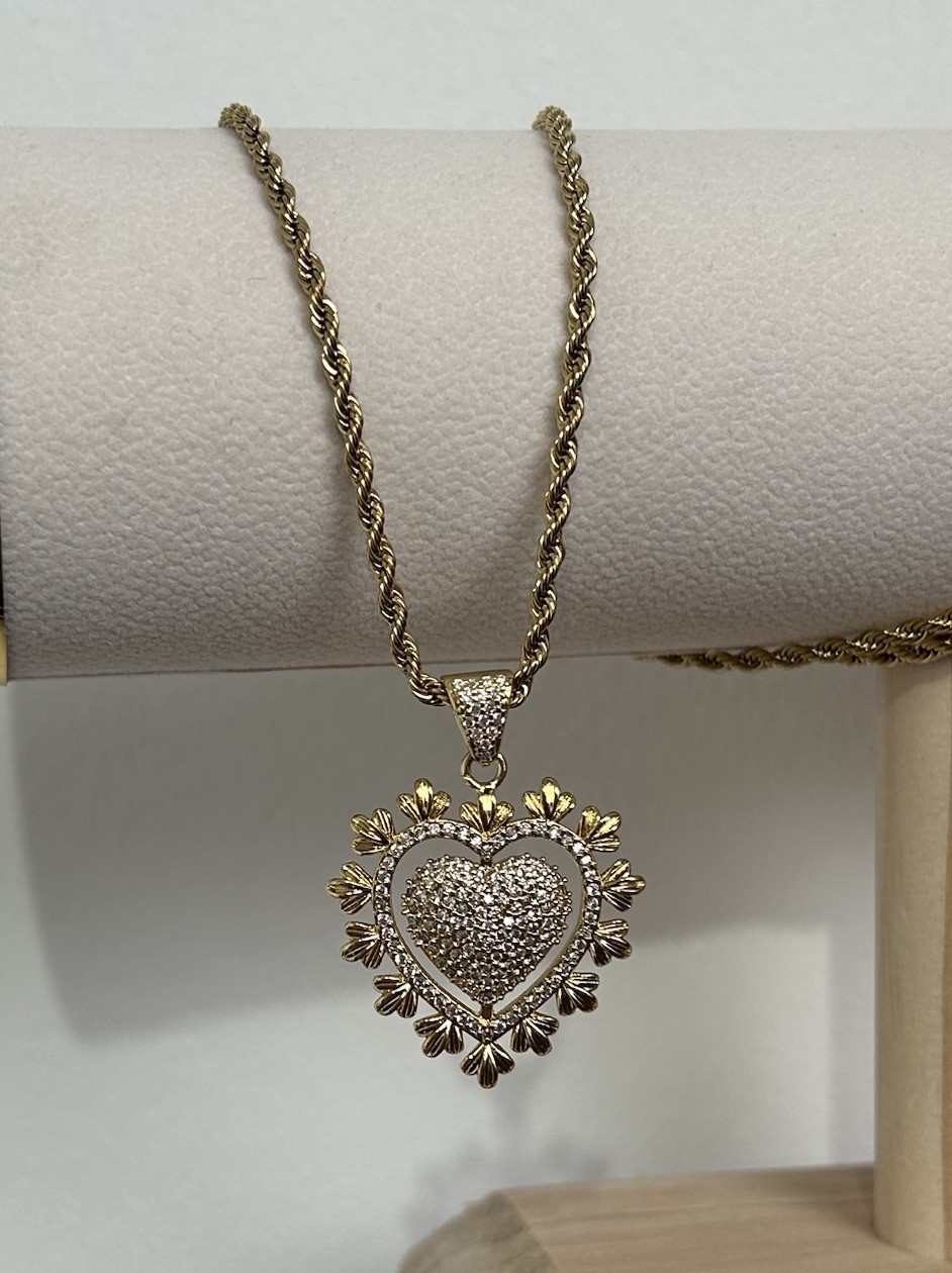 Large 9K Vintage CZ Heart Pendant Necklace 50cm Rope Chain 9ct Gold Filled