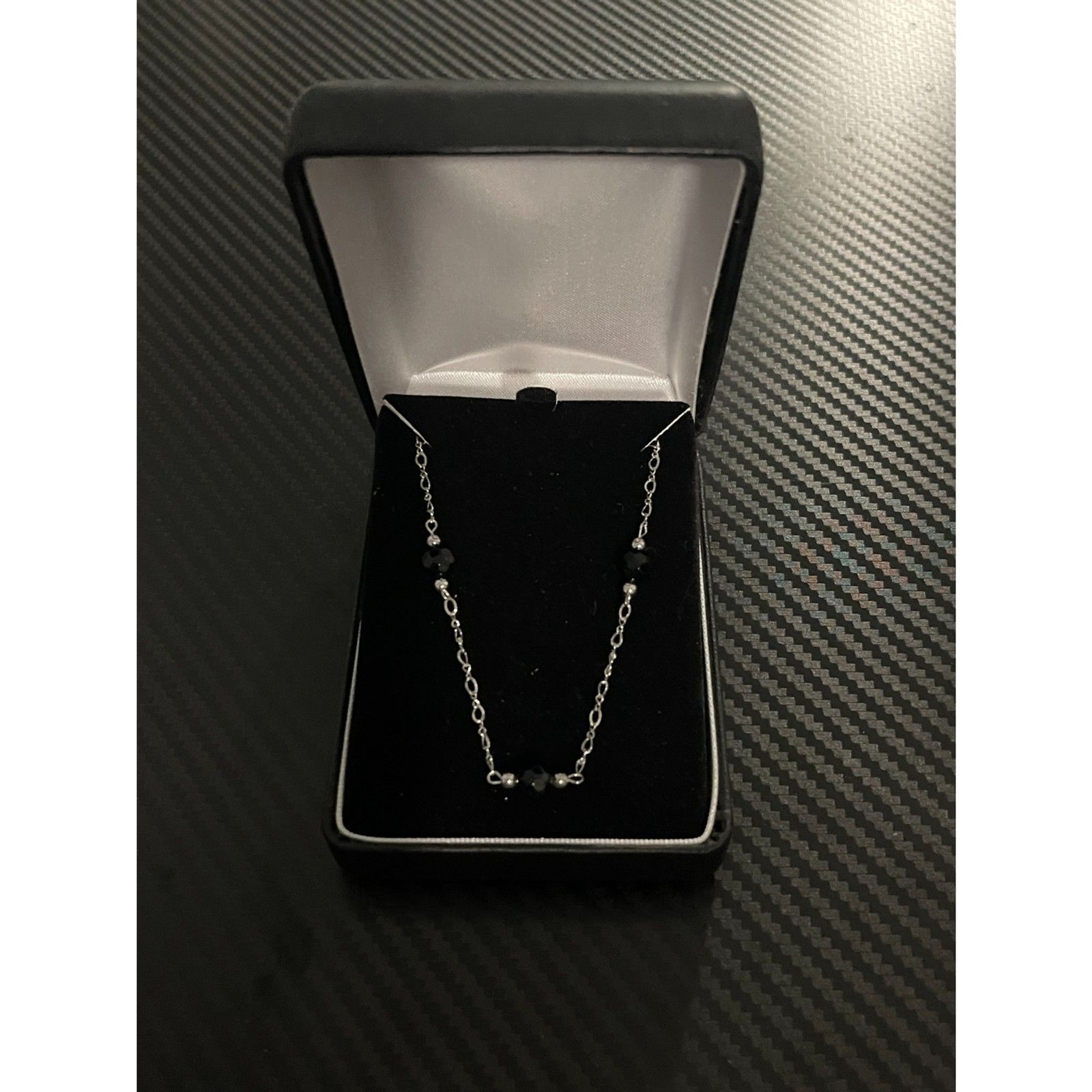 Vintage Sterling Silver Black Faceted Glass Crystal Station Necklace 4.6g MTM