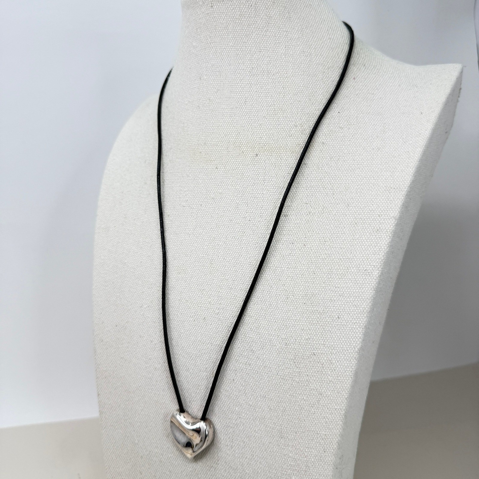 Monet Heart Pendant Necklace Black Cord Silver Tone Modern Signed