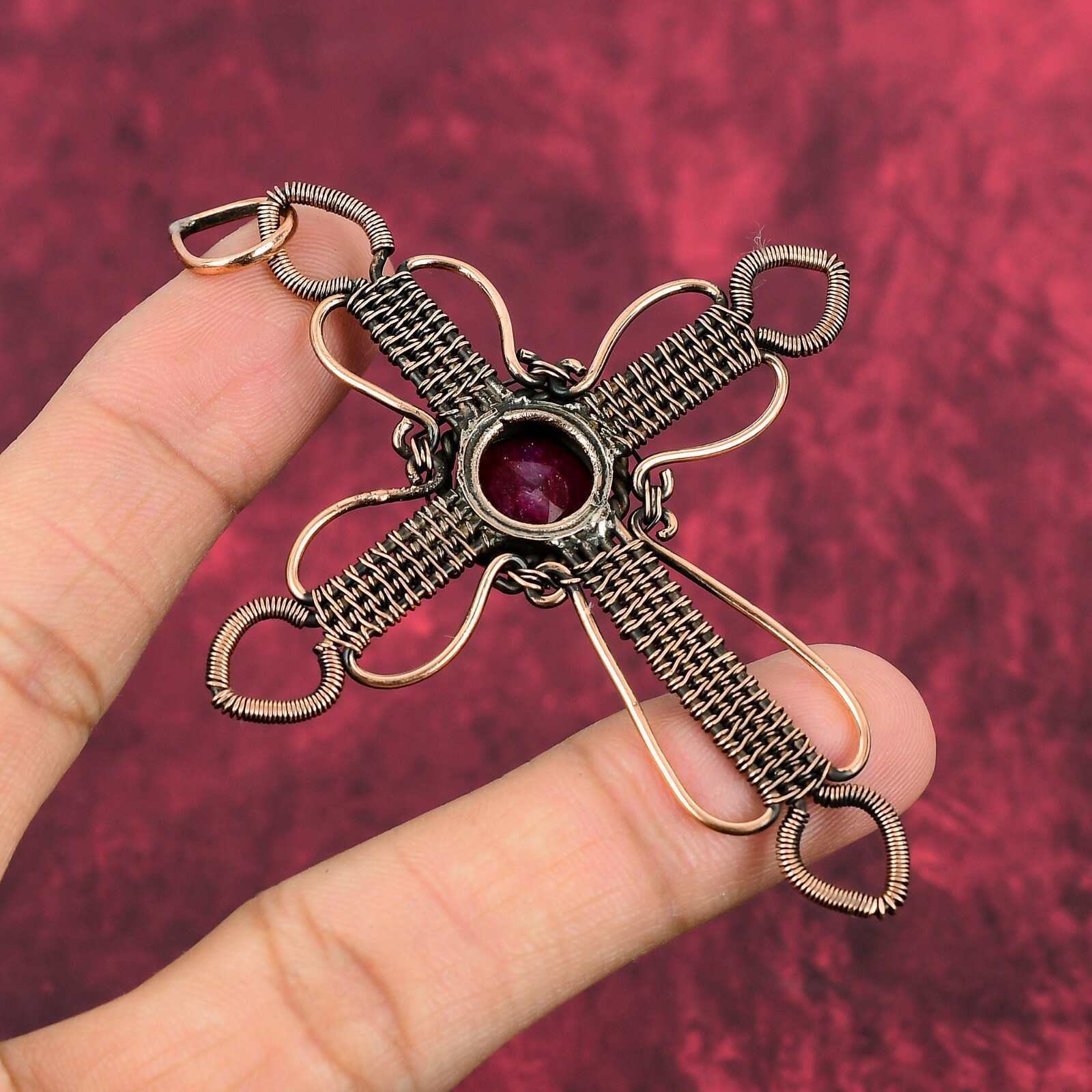 Faceted Kashmir Rubi Gemstone Pendant Copper Wire Wrapped Jewelry Cross Pendant