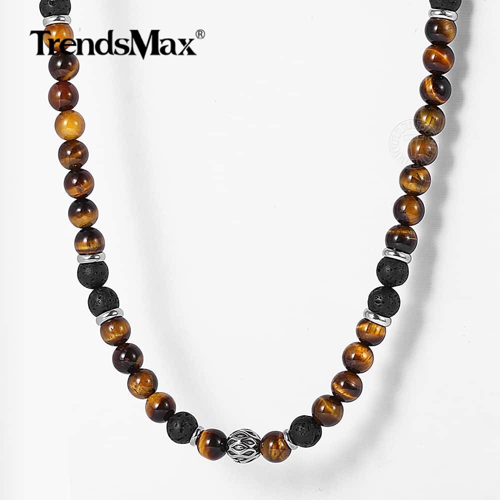 8MM 18″ Natural Yellow Tiger Eye’s Stone Lava Beaded Necklace Choker for Men Boy