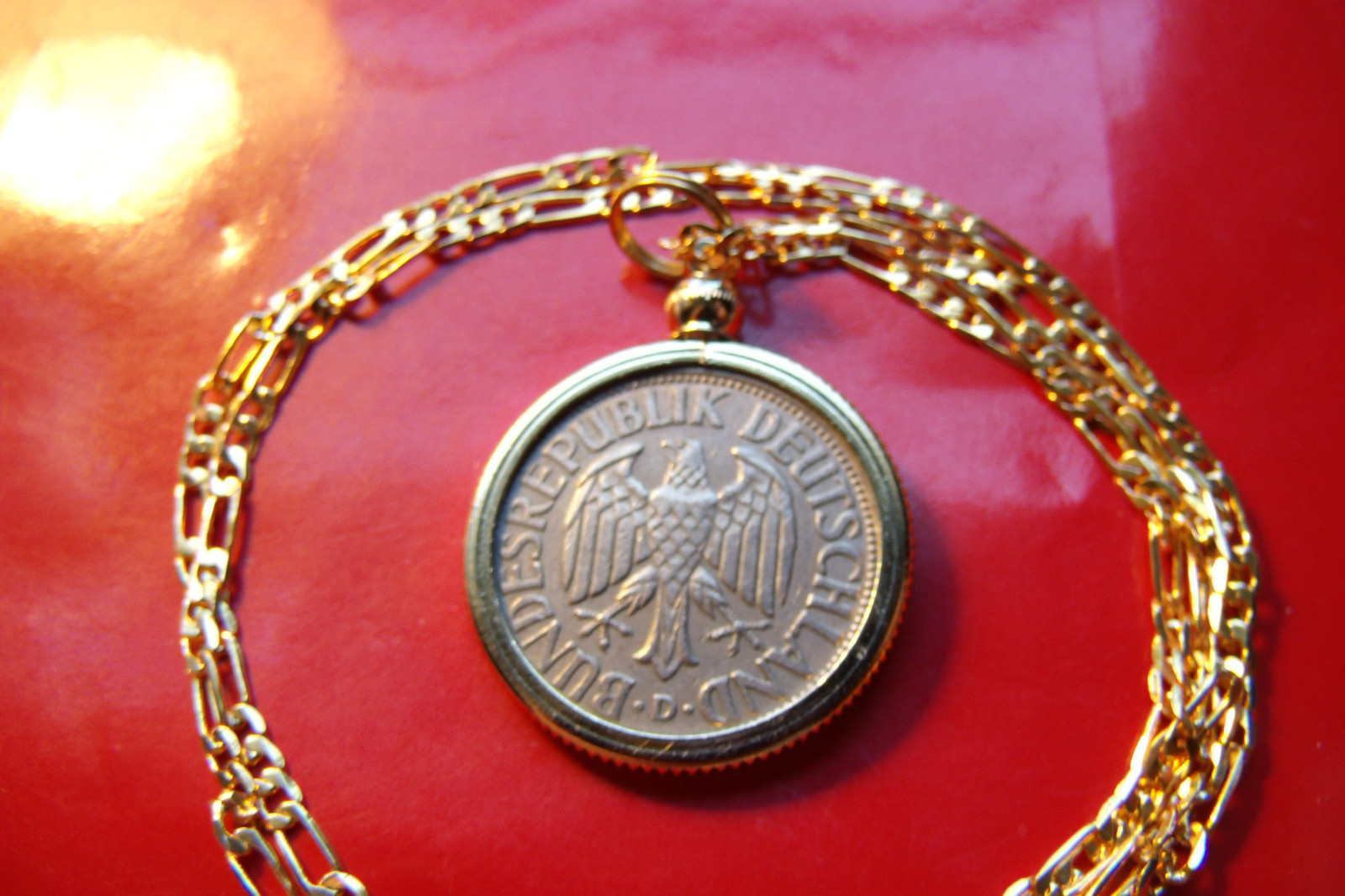Germany One Deutschemark Coin Pendant on a 22″ Gold Filled Link Chain