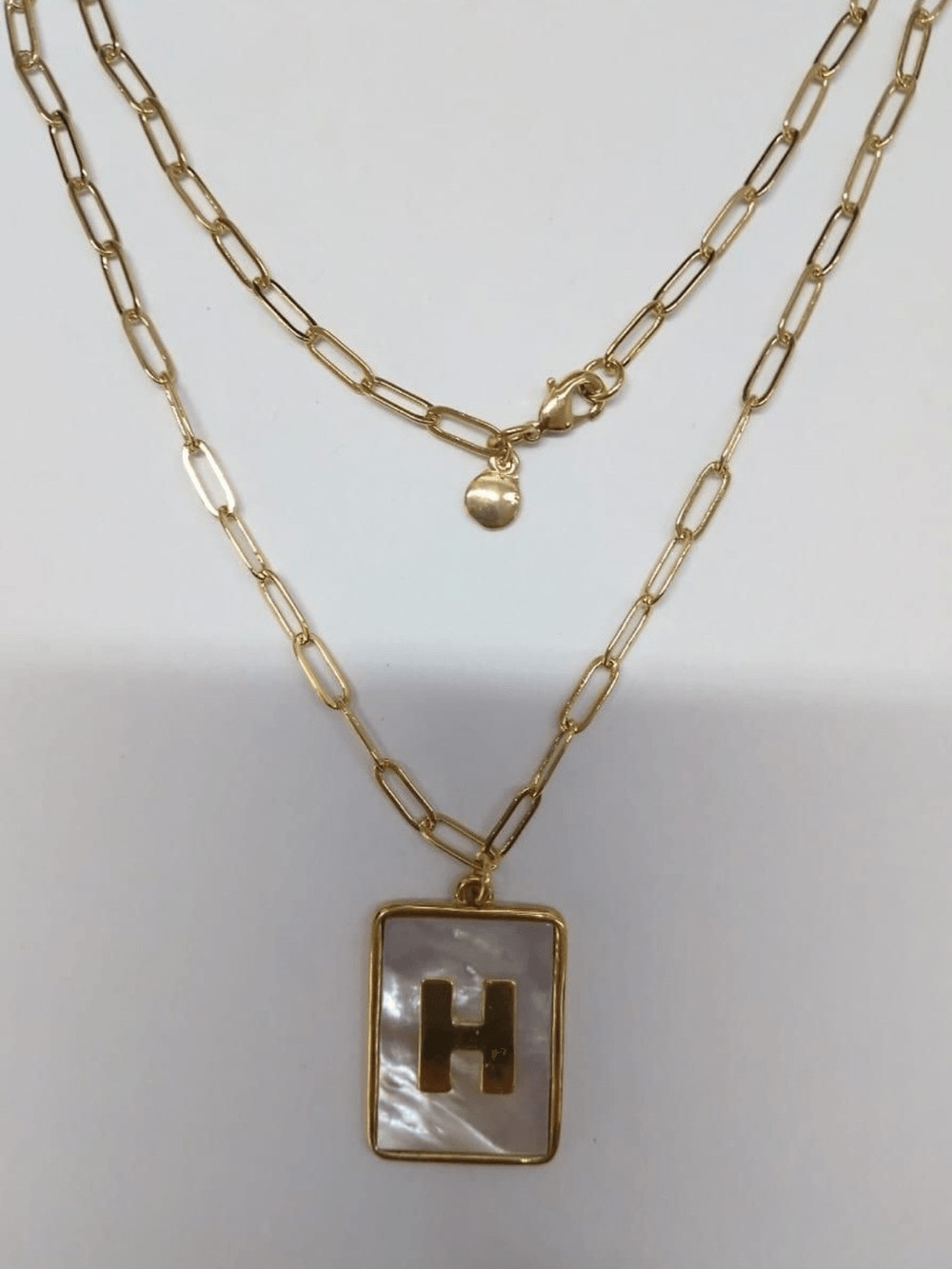 Gold H Rectangle Pendant Paperclip Necklace with Mother-of-Pearl by Mayamar