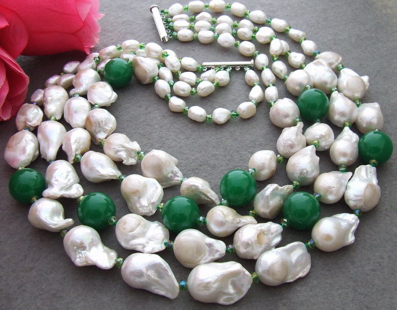 25mm Freshwater White Keshi Pearl Green Jade Crystal Multi Strands Necklace 19″