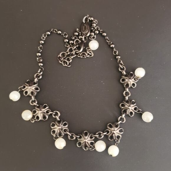 Babylone Paris Gunmetal Floral Pearl Drop Necklace French Designer Jewelry