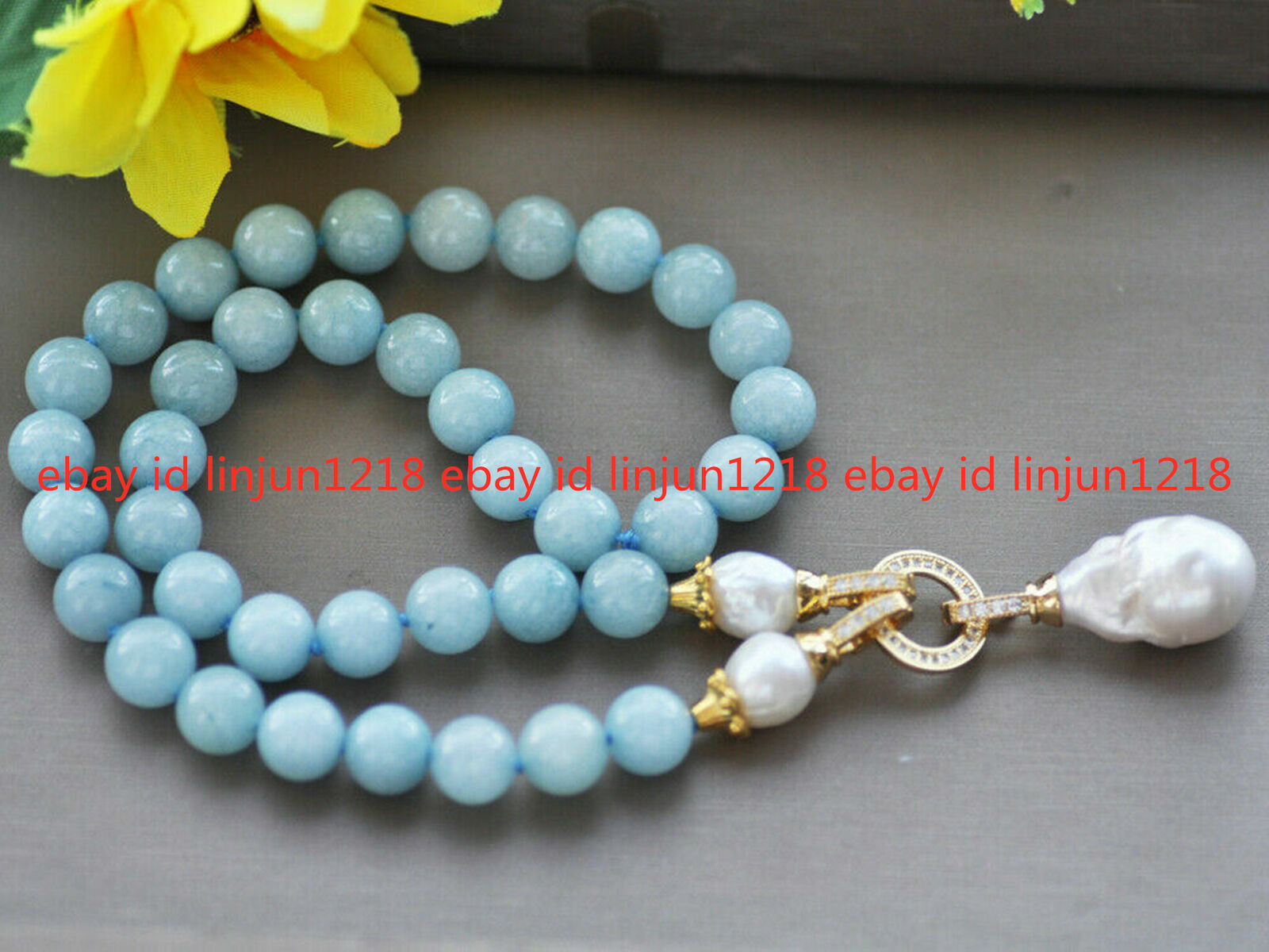 10mm Blue Aquamarine Gemstone Round Beads White Baroque Pearl Pendant Necklace