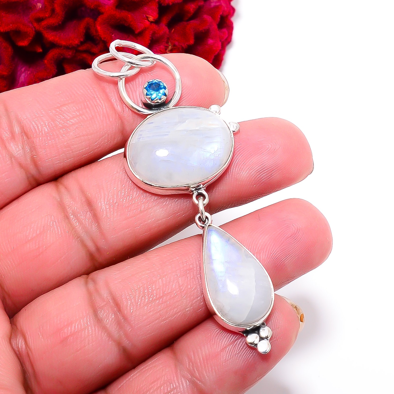 Rainbow Moonstone & Blue Topaz Handmade 925 Sterling Silver Pendant 2.81″ P46