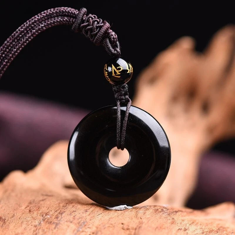 Black Obsidian Amulet Pendant Round Buckle Protection Necklace Women Men Jewelry
