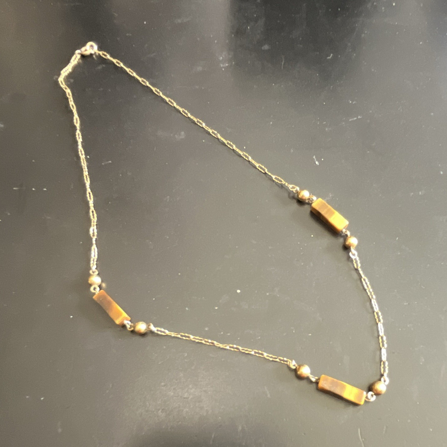 Vintage 1/20 12 K G.F. Link Chain Necklace 3 Rectangular Tiger’s Eye Bars