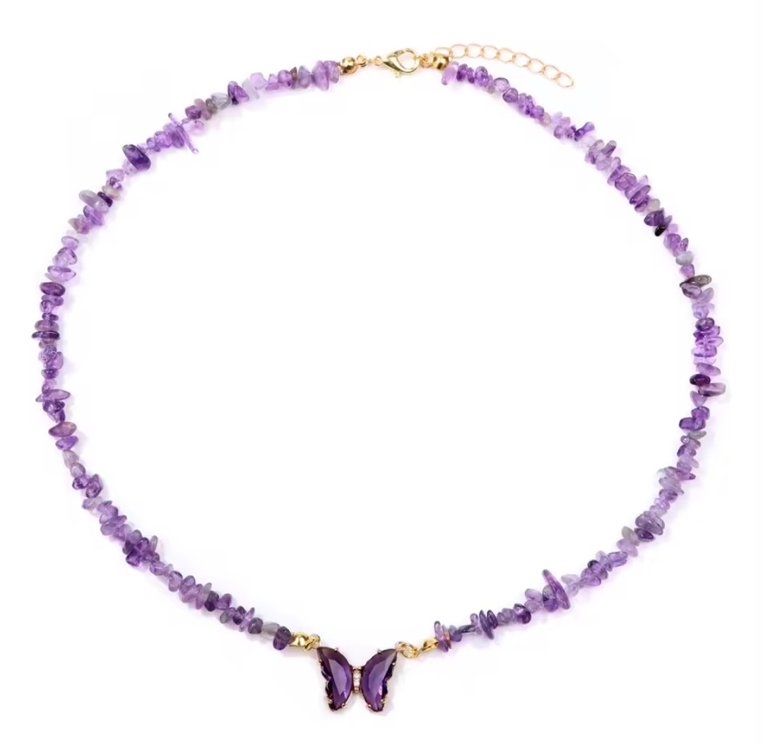 Trendy Butterfly Crystal Necklace Natural Purple Amethysts Quartzs Crystal Chip