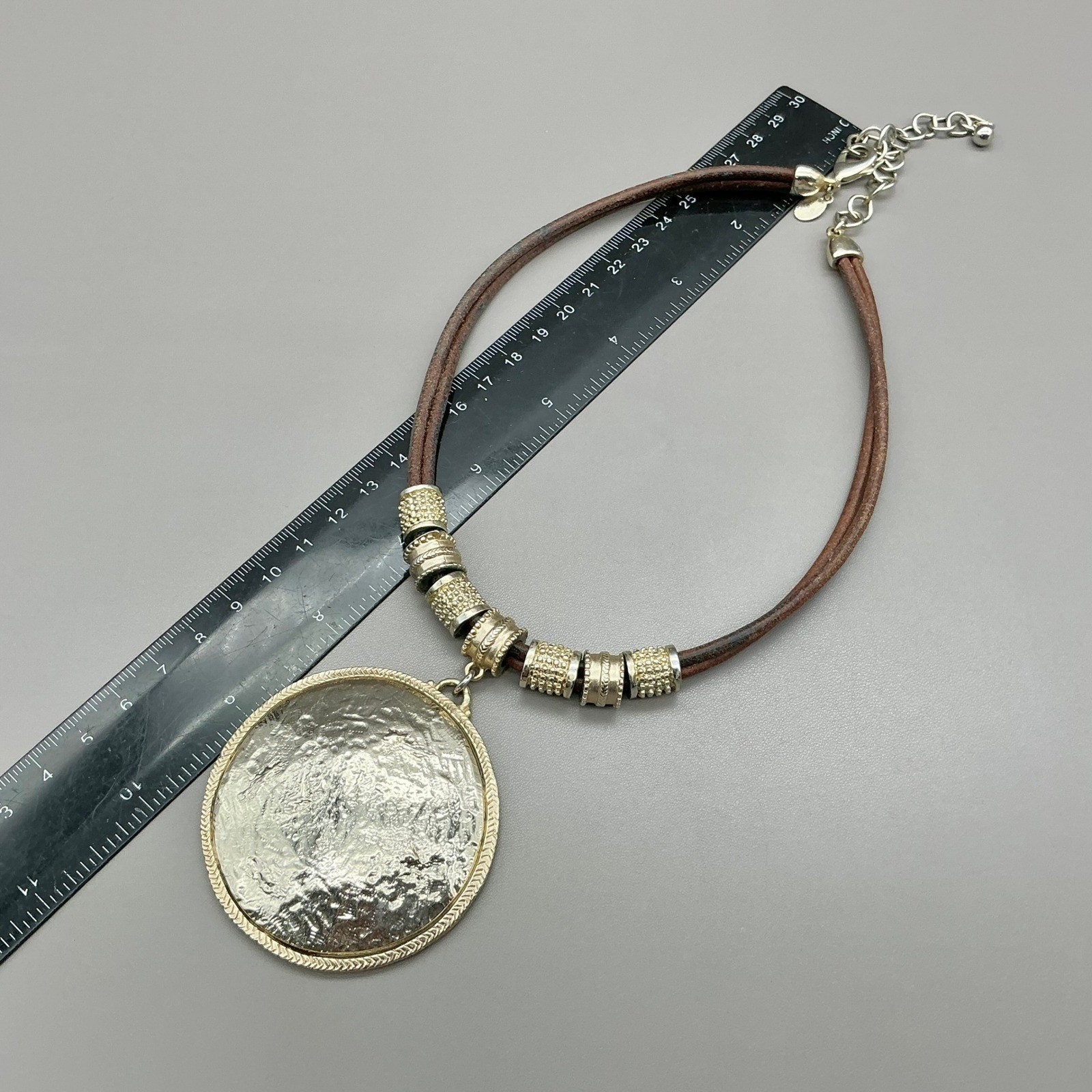 Chicos Necklace Brown Leather Cord Hammered Disc Pendant Gold Silver Tone 18-21″