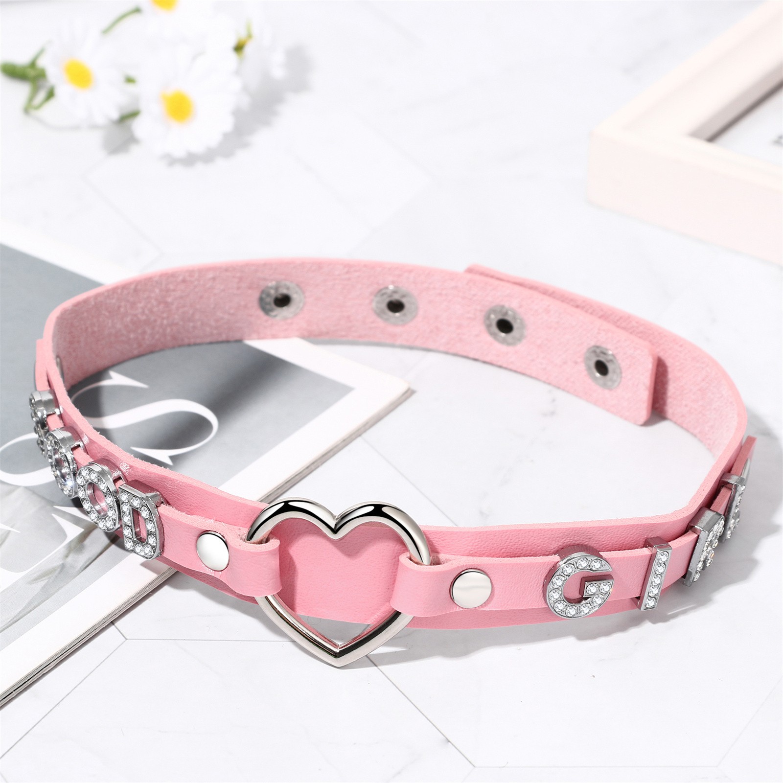 Bling Rhinestone GOOD GIRL Heart Pendant Choker Adjustable Women Collar Necklace