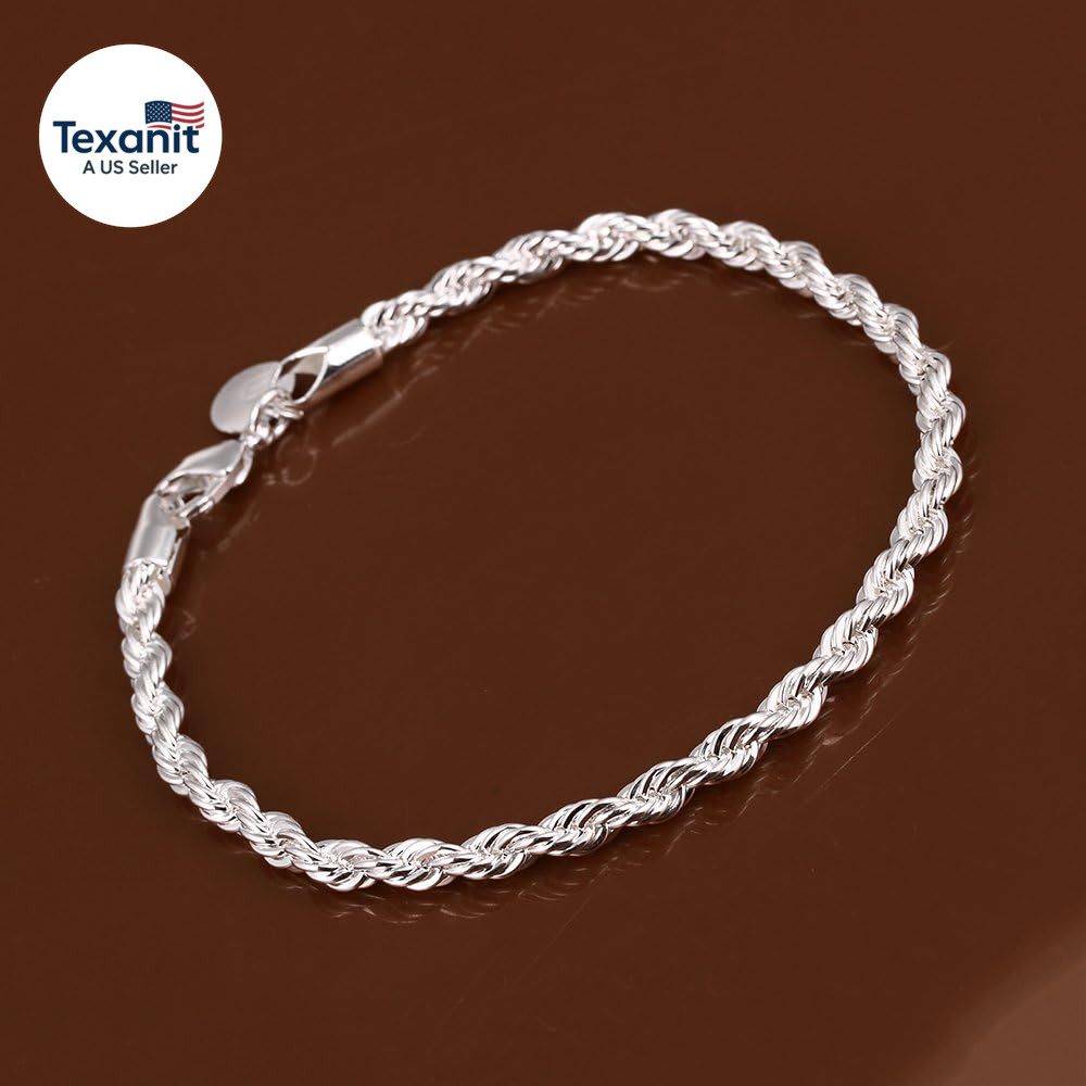 Fashion Jewelry 925 Sterling Silver 4 Mm Twisted French Rope Chain Bracelet Size