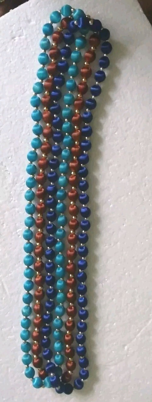 3 Necklaces Made W/ Silk Satin Thread Over Round Beads 28″ In Teal, Navy & Brown