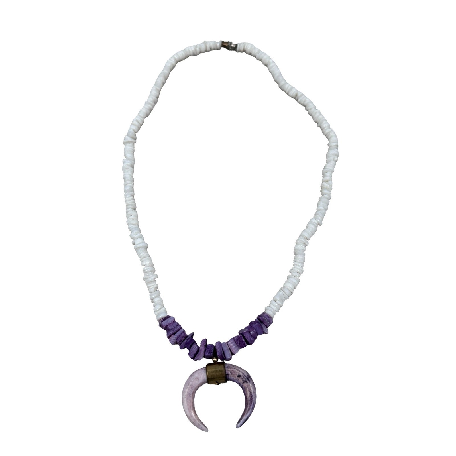 Vintage Purple Shell Crescent Moon Pendant Necklace White Heishi Bead Boho 18in